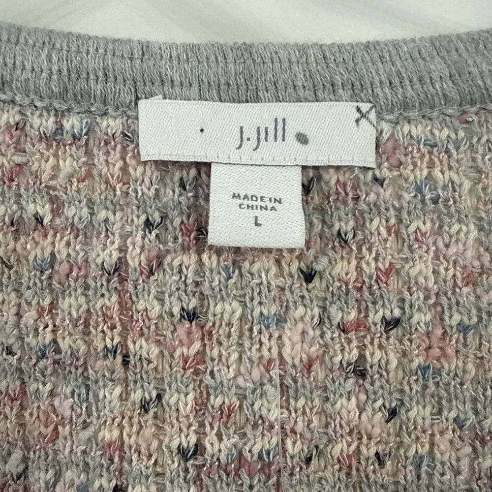 J Jill Sweater Cardigan Pink Gray Girly Spring Knit Pockets Size Large New